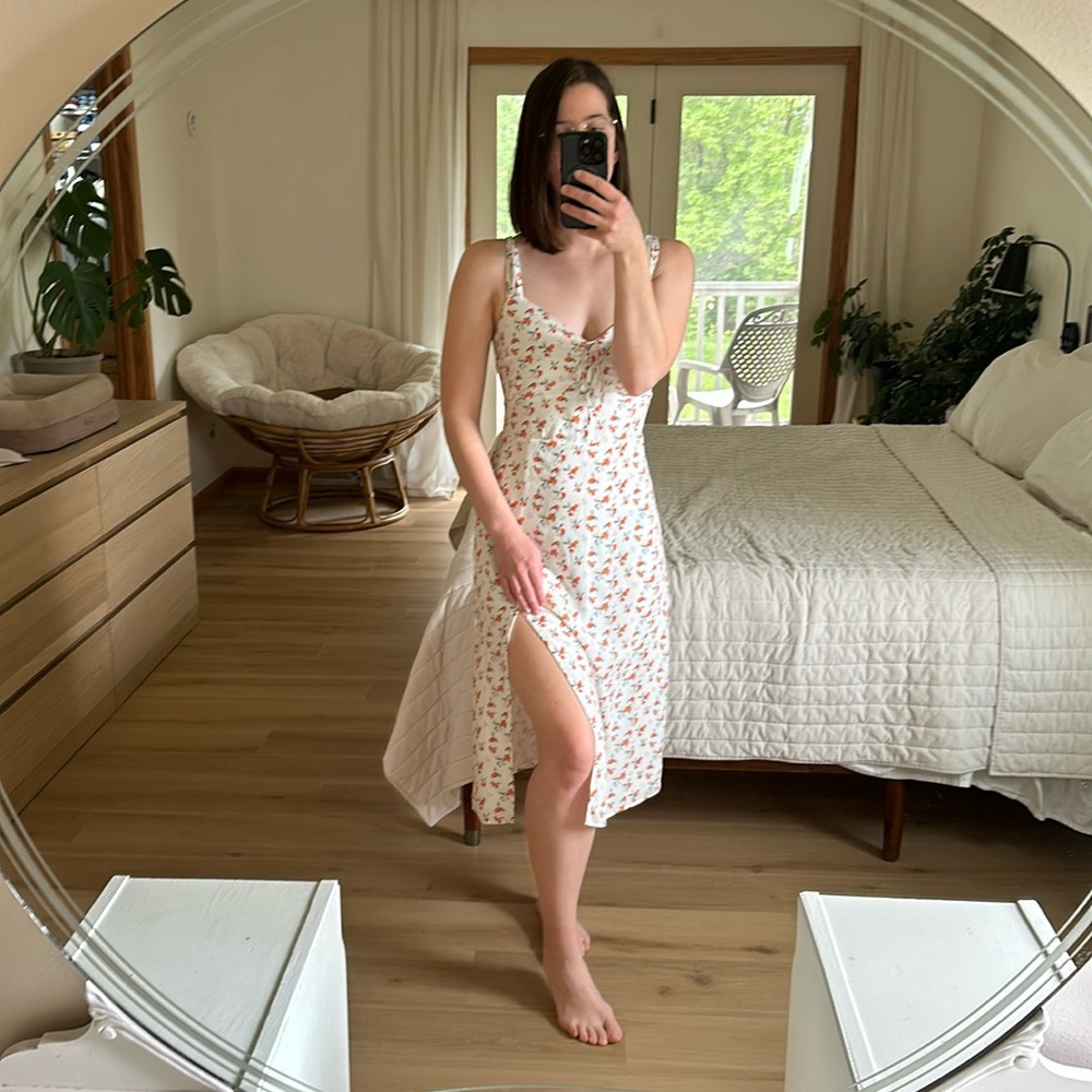 Peach Print High Slit Midi Dress